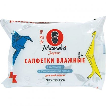 Maneki Kaiteki влажные салфетки для всей семьи с витамином Е и увлажняющим лосьоном 25шт