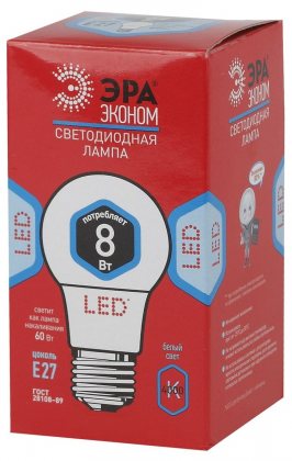 Эра Лампа ECO светодиодная груша E27 8W 4000k цвет: холодный LED A60-8W-840-E27