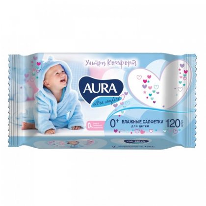 Aura влажные салфетки детские 120шт Ultra Comfort с экстрактом алоэ и витамином Е с крышкой