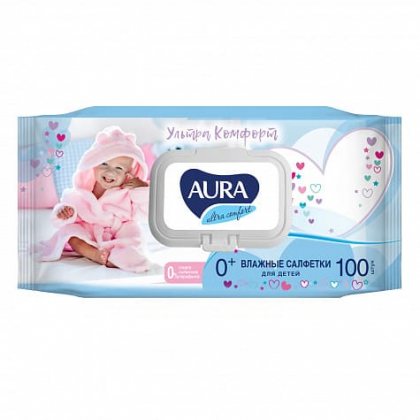 Aura влажные салфетки детские 100шт Ultra Comfort с экстрактом алоэ и витамином Е