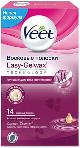 Veet восковые полоски для депиляции женские 14шт Easy-Gelwax для чувствительных участков тела с ароматом бархатной розы
