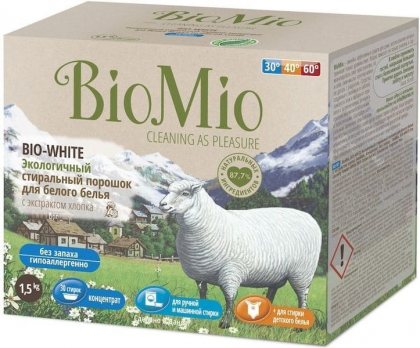 BioMio Экологичный стиральный порошок для белого белья Bio-White концентрат с экстрактом хлопка без запаха 1500г